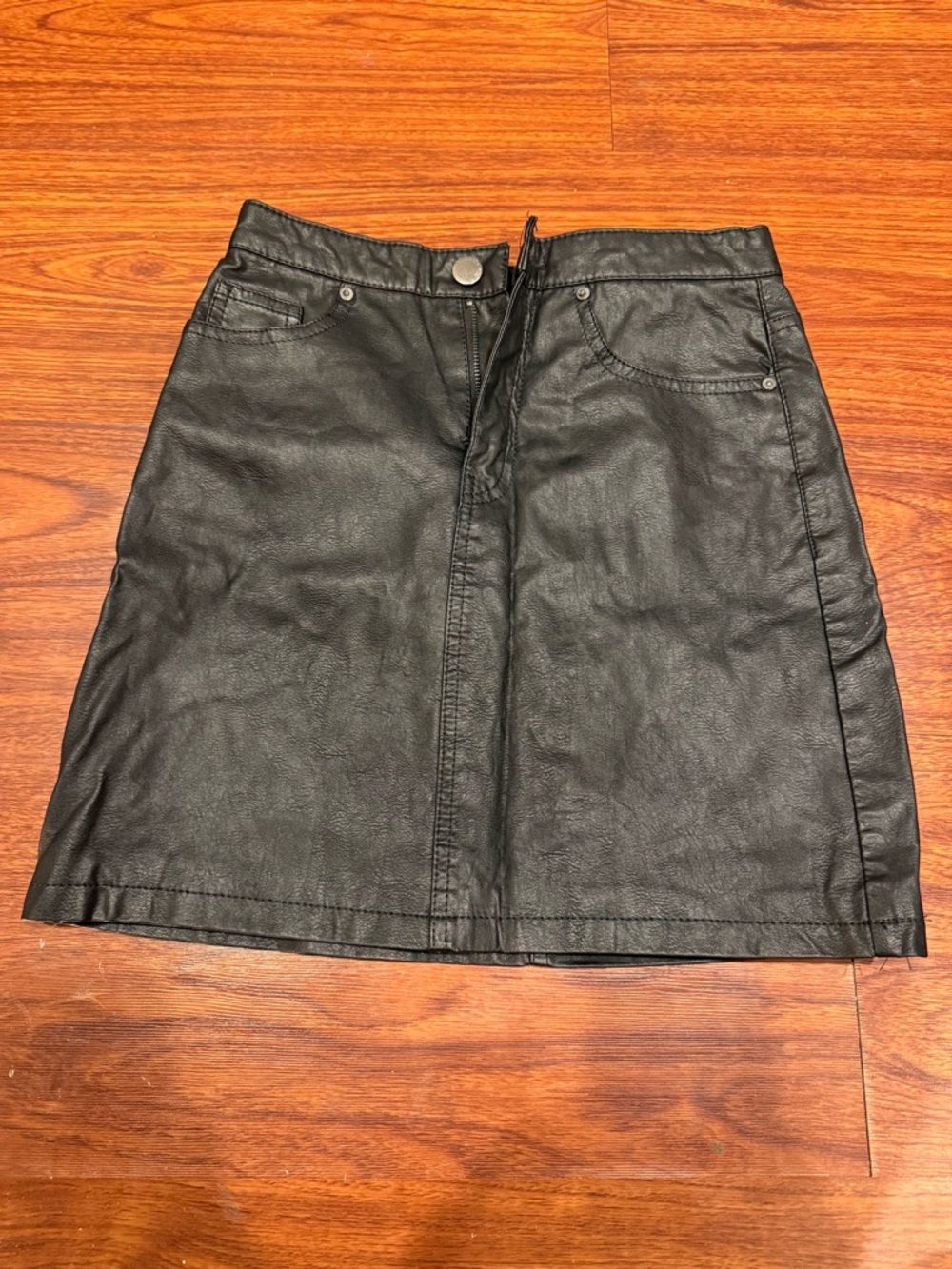 H&M Black Faux Leather Mini Skirt with Front Button